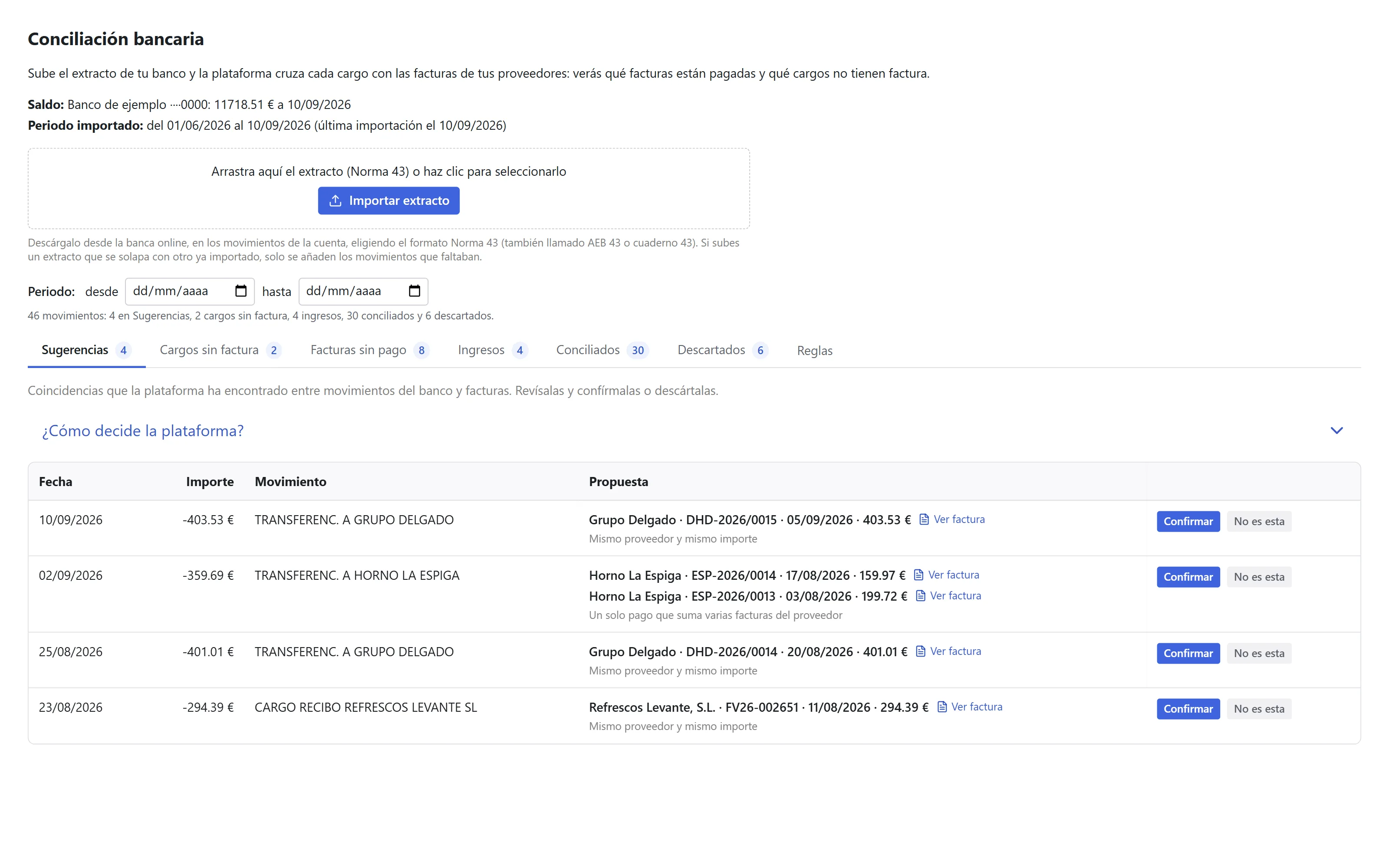 Pantalla de conciliación bancaria de Factuleo con cargos del banco y sus facturas